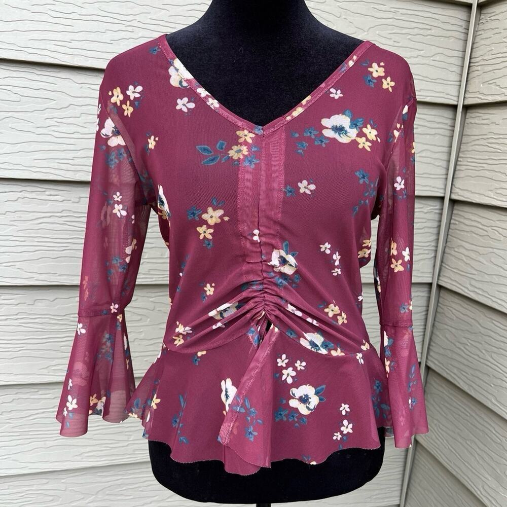 Hippie Laundry sheer top, bell sleeves, flared waist, Maroon. Women's size S